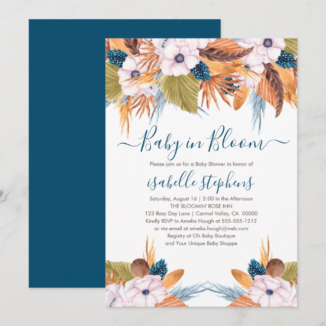 Blue Boho Baby i Bloom Pampas Grass Baby Shower Inbjudningar (Fram/baksida)