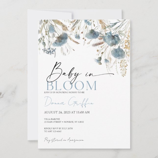 Blue Boho Baby in Bloom-inbjudan Inbjudningar (Framsida)