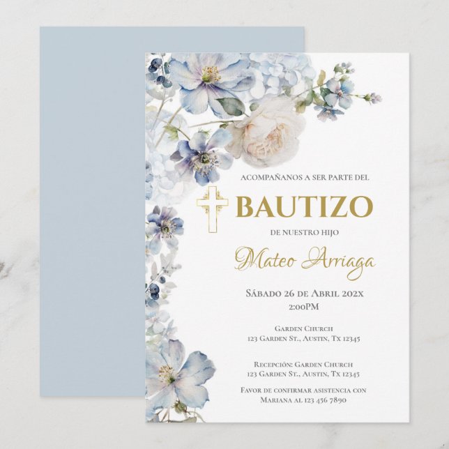 Blue Boho Baptism Inbjudningar (Fram/baksida)