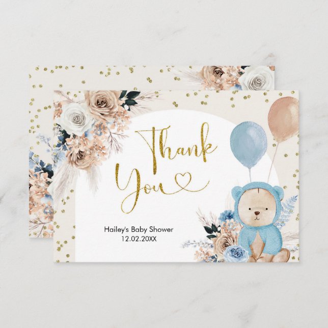 Blue Boho Bear Baby Shower - tack för ditt kort (Fram/baksida)