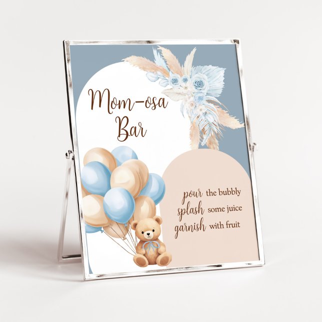 Blue Boho Bear Balloon Baby Shower Mamma Osa Pub Poster (Boy Bear Arch Balloon Baby Shower Mom Osa Bar Sign)