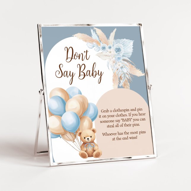 Blue Boho Bear Balloon Baby Shower Säg inte Baby Poster (Boy Bear Arch Balloon Baby Shower Don't Say Baby Sign)