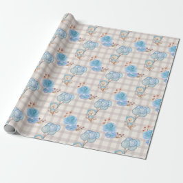 Blue Boho Bear Balloons Gingham Blommigt Presentpapper