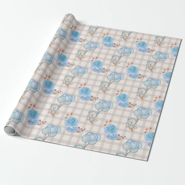 Blue Boho Bear Balloons Gingham Blommigt Presentpapper (Utrullad)