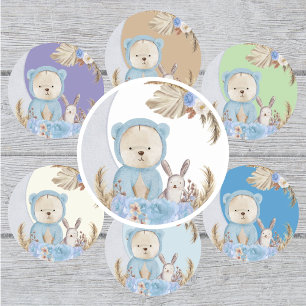 Blue Boho Bear Måne Bunny Blommigt Runt Klistermärke