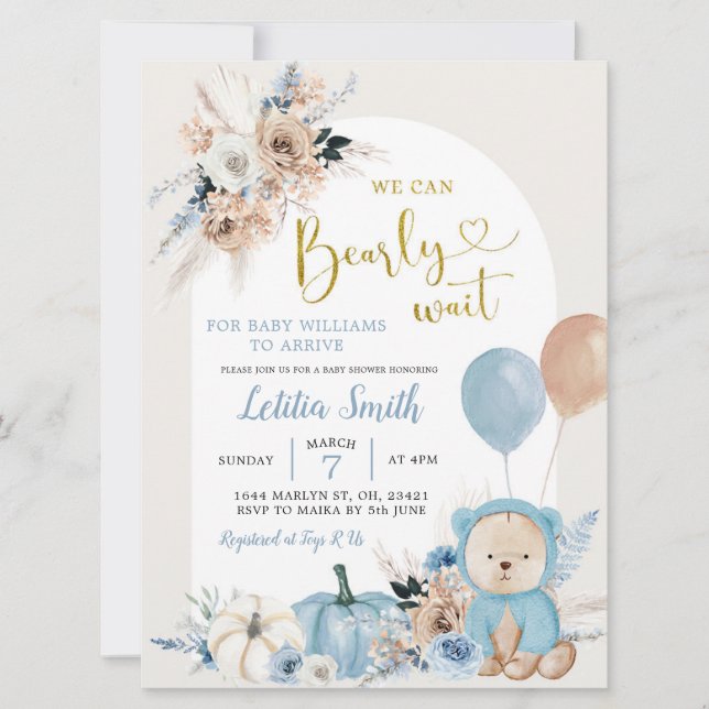 Blue Boho Bear Pumpkin Boy Shower-inbjudan Inbjudningar (Framsida)