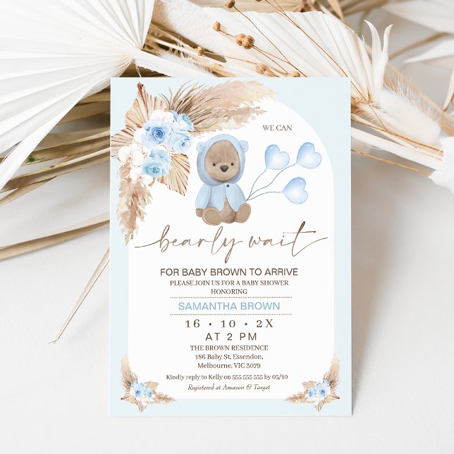 Blue Boho Blommigt Arch Barly Wait Baby Shower Inbjudningar (Boy's blue boho floral and arch we can bearly wait for baby to arrive baby shower invitation.)