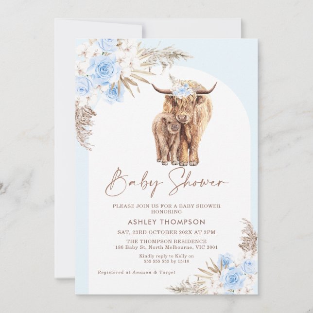 Blue Boho Blommigt Arch Highland Cow Baby Shower Inbjudningar (Framsida)