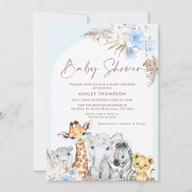 Blue Boho Blommigt Arch Safari Animals Baby Shower Inbjudningar (Framsida)