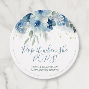 Blue Boho Blommigt Baby Shower Pop it Favor Taggar Gåvor Etiketter