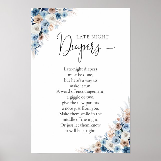 Blue Boho Blommigt Baby Shower Poster (Framsidan)