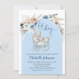 Blue Boho Blommigt Barnvagn Boy Shower Inbjudningar