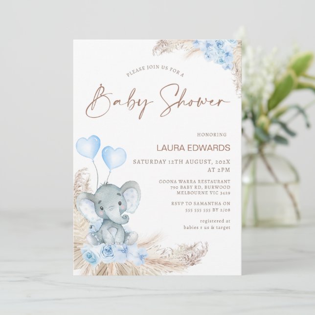 Blue Boho Blommigt Boys Elephant Baby Shower Inbjudningar (Stående Fram)