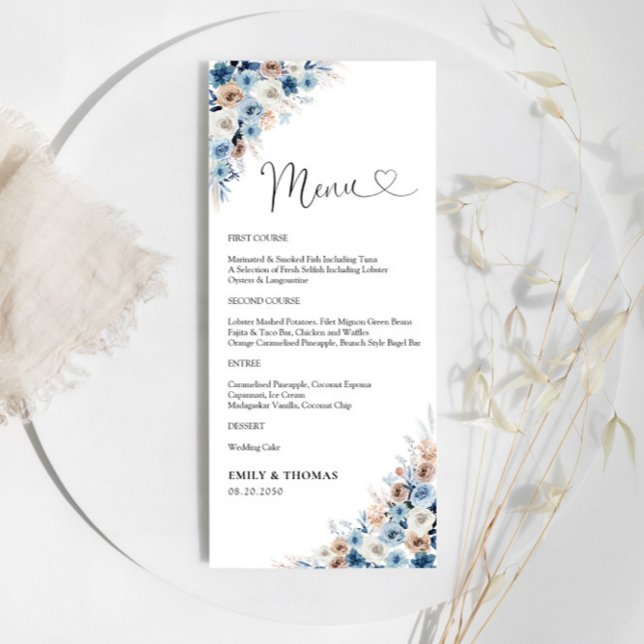 Blue Boho Blommigt Bröllop Ceremony Menu Meny (Skapare uppladdad)