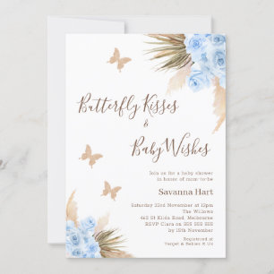 Blue Boho Blommigt Butterfly Kisses Baby Shower Inbjudningar