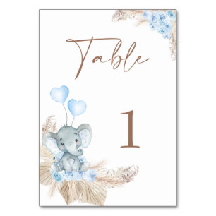 Blue Boho Blommigt Elephant Baby Shower Bordsnummer