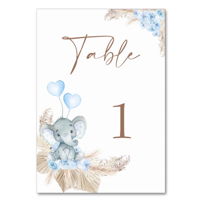 Blue Boho Blommigt Elephant Baby Shower Bordsnummer (Framsidan)