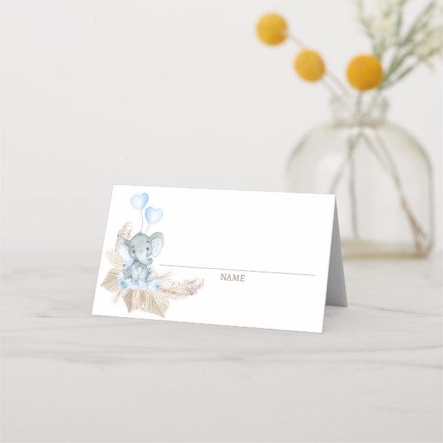 Blue Boho Blommigt Elephant Baby Shower Place Card Placeringskort (Framsida)