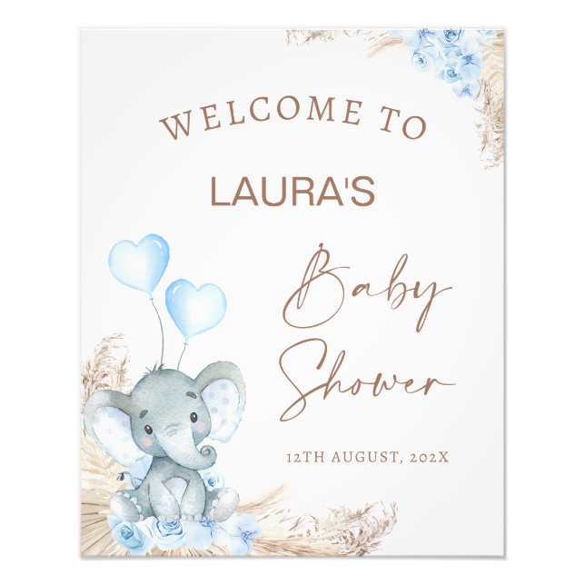 Blue Boho Blommigt Elephant Baby Shower Välkomstte Fototryck (Framsidan)