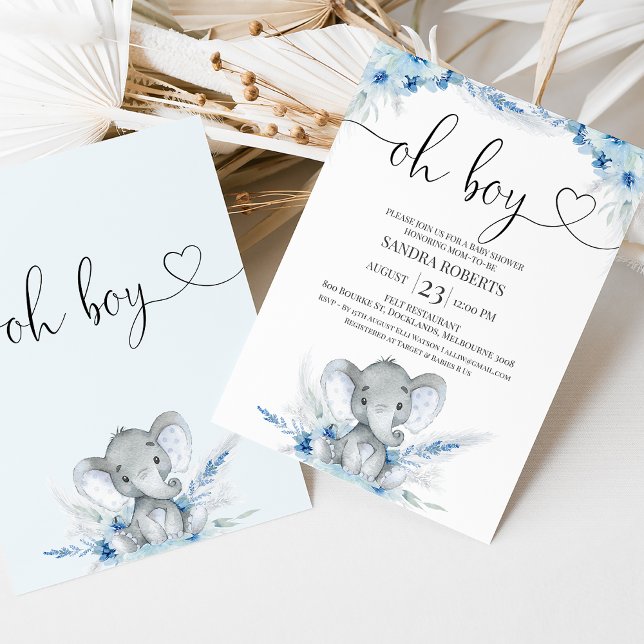 Blue Boho Blommigt Oh Boy Elephant Baby Shower Inbjudningar (Blue boho floral elephant baby shower invitation featuring a calligraphy heading with a heart.)