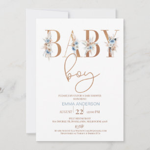 Blue Boho Blommigt Ord Pojke Baby Shower Inbjudningar