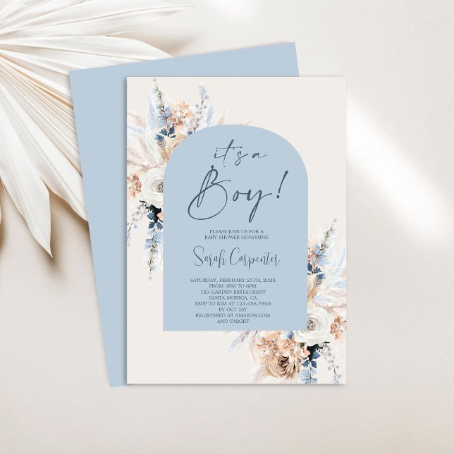 Blue Boho Blommigt Pampas Grass Baby Shower Boy Inbjudningar (Skapare uppladdad)