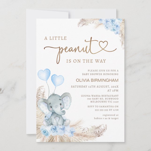 Blue Boho Blommigt Peanut Elephant Baby Shower Inbjudningar (Framsida)