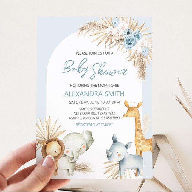 Blue Boho Blommigt Safari Baby Shower Inbjudningar (Boy Safari Animals Boho Baby Shower Invitation)