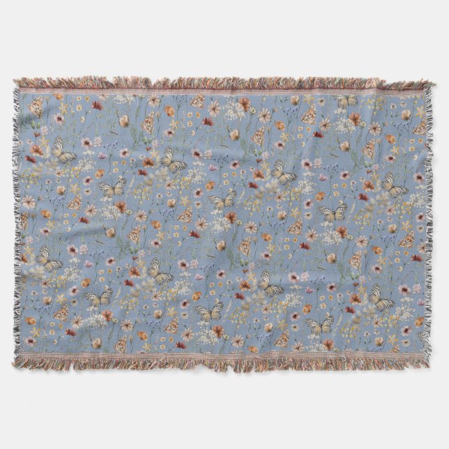 Blue Boho Blommigt Throw Blanket Blanket Filt (Framsidan)