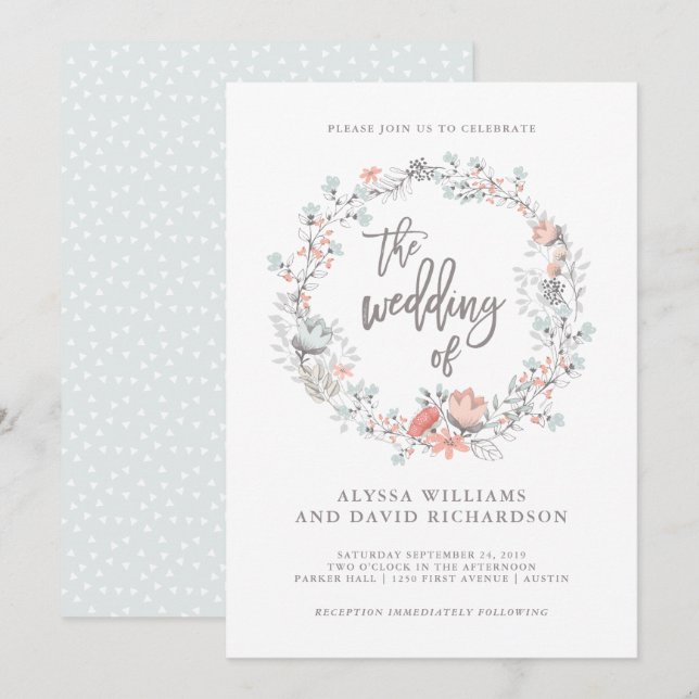 Blue Boho Botanical Wedding bjudande Inbjudningar (Fram/baksida)