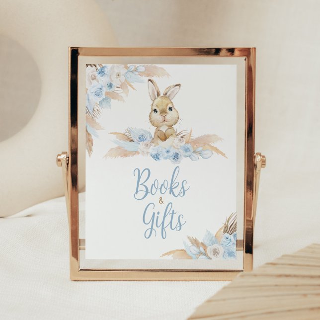 Blue Boho Bunny Baby Shower Bokar och Gifts Poster (Pampas Grass Boy Bunny Baby Shower Books and Gifts Sign)