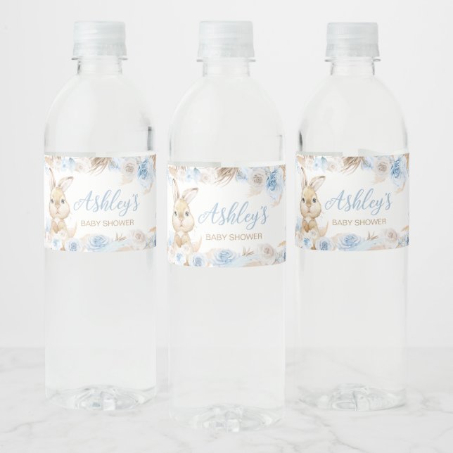 Blue Boho Bunny Baby Shower Vattenflaskor Etikett (Flaskor)