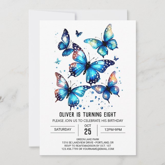 Blue Boho Butterfly Boy Birthday Inbjudningar (Framsida)