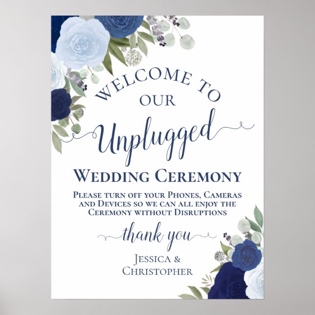 Blue Boho Chic Blommigt Unplugged Bröllop Ceremony Poster (Framsidan)