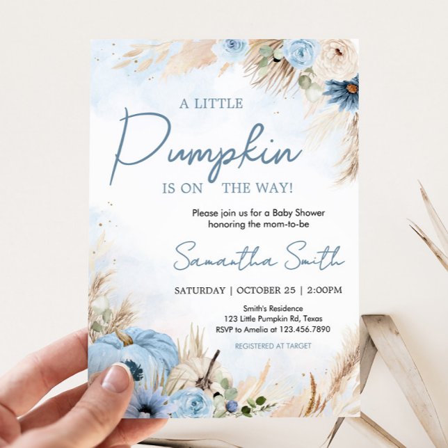 Blue Boho Fall Pumpkin Baby Shower Inbjudningar (Blue Boho Autumn Fall Pumpkin Pampas Grass Baby Shower Invitation)