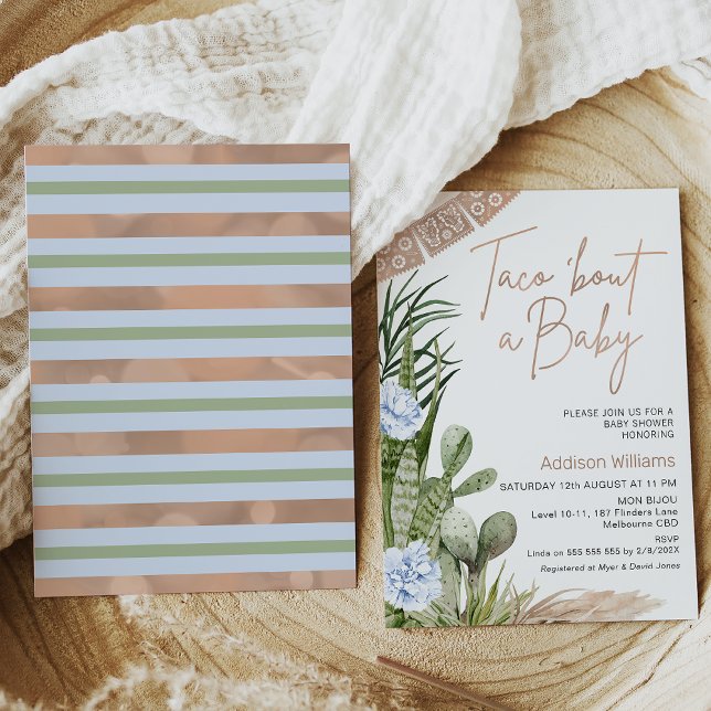 Blue Boho Fiesta Taco Bout A Baby Baby Shower Inbjudningar (Boy's taco 'bout a baby baby shower invitation featuring cacti and blue flowers in a boho style.)
