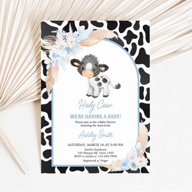 Blue Boho Highland Cow Baby Shower Inbjudningar (Bohemian Floral Farm Baby Shower Invitation)