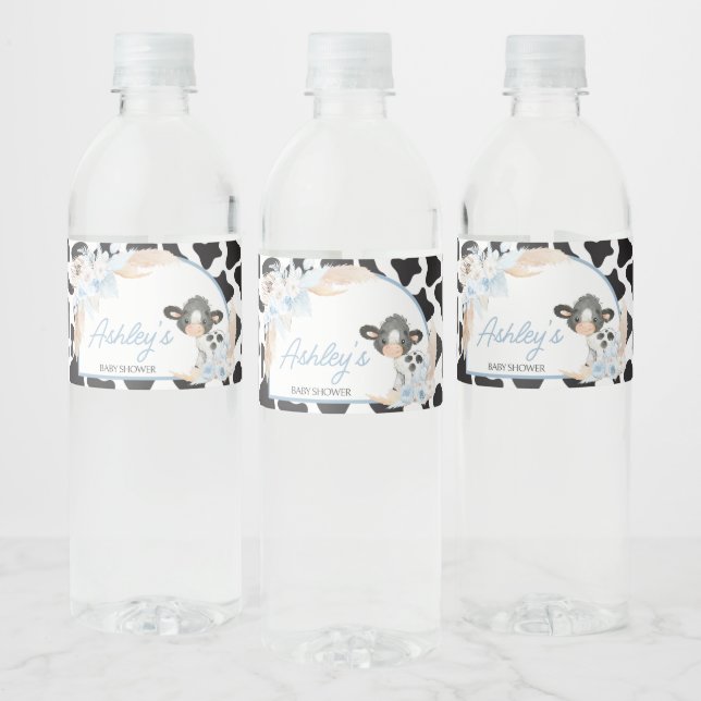 Blue Boho Highland Cow Baby Shower Vattenflaskor Etikett (Flaskor)