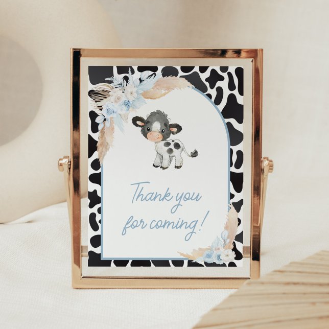 Blue Boho Highland Cow Baby Tack för att du kom Poster (Bohemian Floral Farm Baby Shower Thank you for Coming Sign)