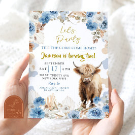 Blue Boho Highland Cow Farm Boy Birthday Inbjudningar