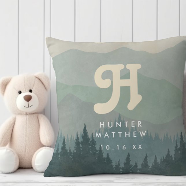Blue Boho Monogram Mountain & Forest Retro Nursery Kudde (Skapare uppladdad)