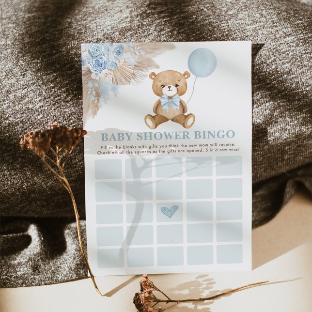 Blue Boho Nalle Bingo Baby Shower Game Card Inbjudningar (Skapare uppladdad)
