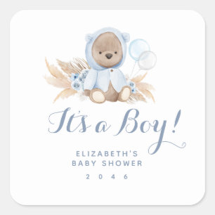 Blue Boho Nalle Boy Shower Fyrkantigt Klistermärke