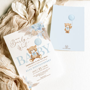 Blue Boho Nalle Pampas Grass Boy Shower Inbjudningar