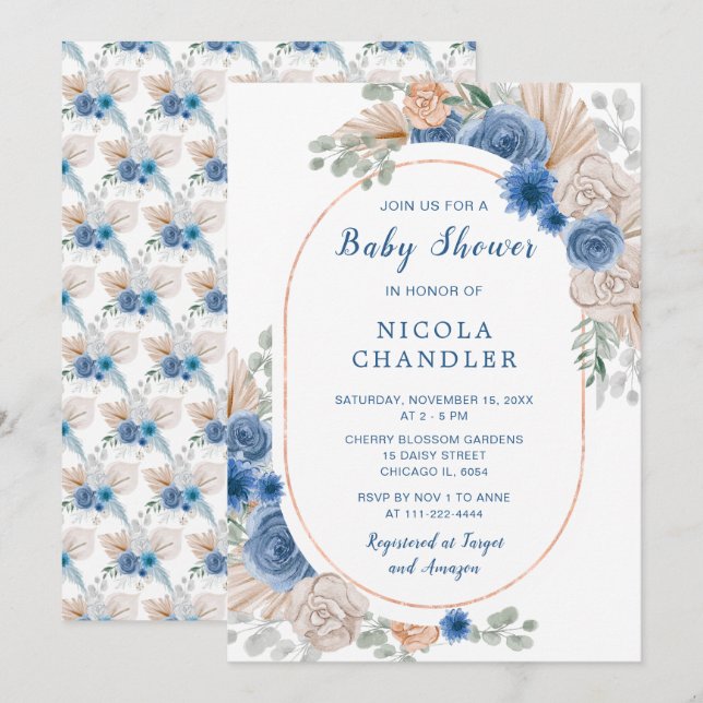Blue Boho Pampas Grass Baby Shower Inbjudningar (Fram/baksida)