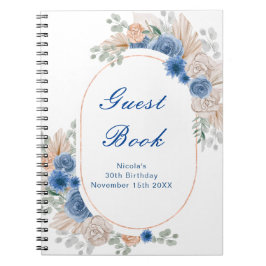 Blue Boho Pampas Grass Birthday Party Guest Book Anteckningsbok