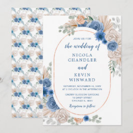 Blue Boho Pampas Grass Bröllop Inbjudningar