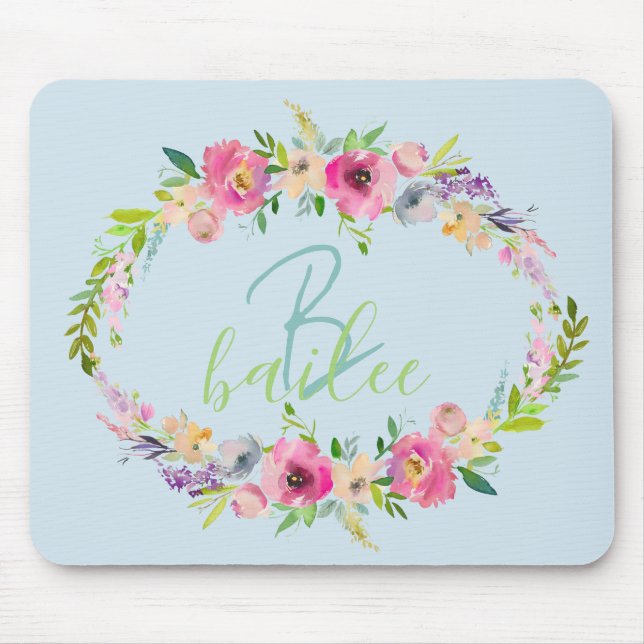 Blue Boho Pastel Blommigt Namn Script Monogram Musmatta (Framsidan)