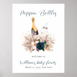 Blue Boho Poppin Champagne Baby Shower Välkommen Poster