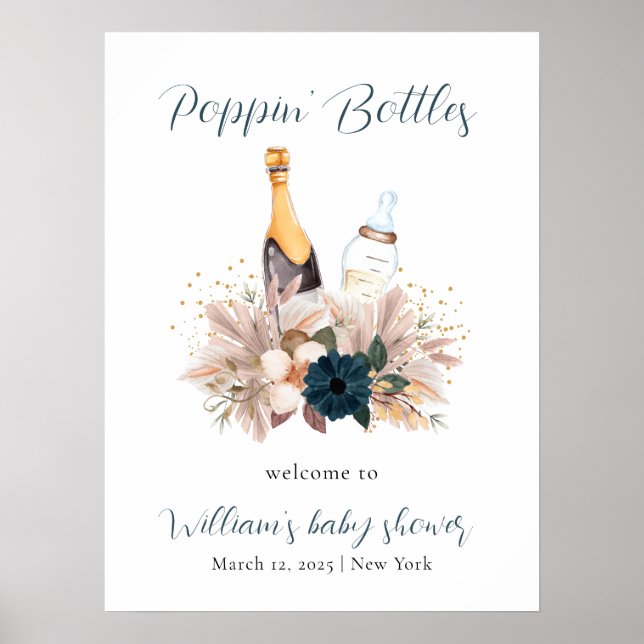 Blue Boho Poppin Champagne Baby Shower Välkommen Poster (Framsidan)